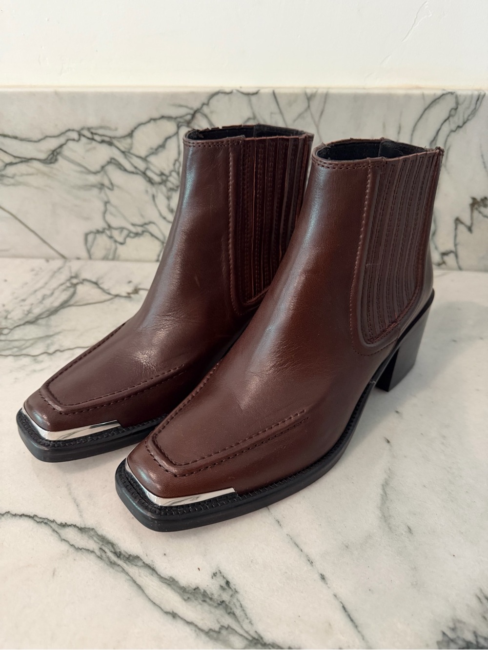 Freda Salvador Amelie Square Toe Ankle Boots in Umber Calf 8